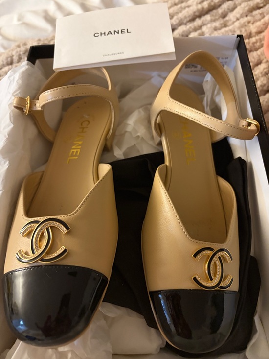 CHANEL Shoes - CHANEL Beige and Black Cap-Toe Slingback Sandals with CC Logo